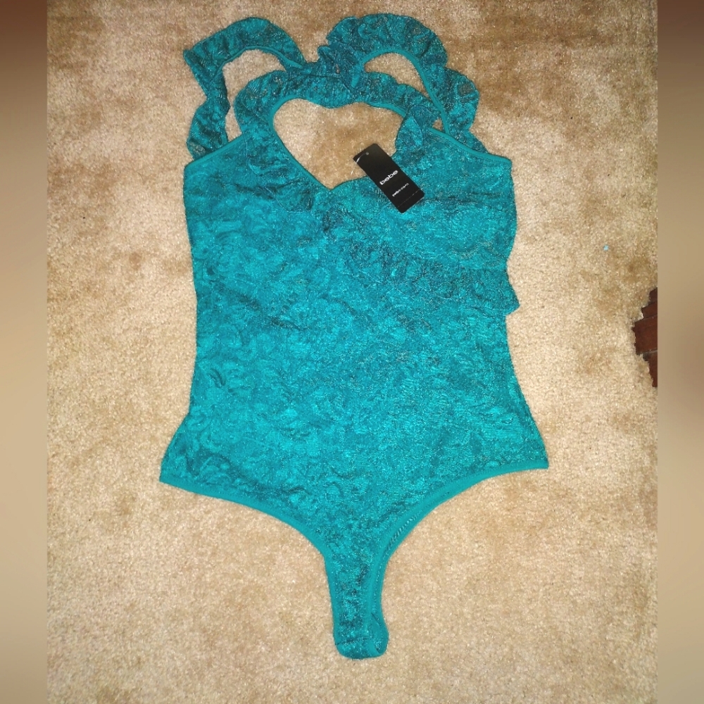 Bebe Ruffle Cross Thong Bodysuit Deep Lake size M, NWT